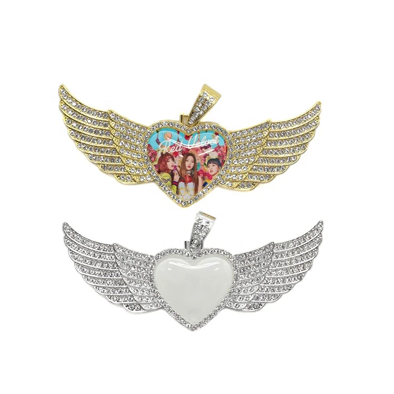 

Personalized Photo Printable Hip Hop Angel Wing Pendant Sublimation Blank Heart Wing Necklace, Silver/gold