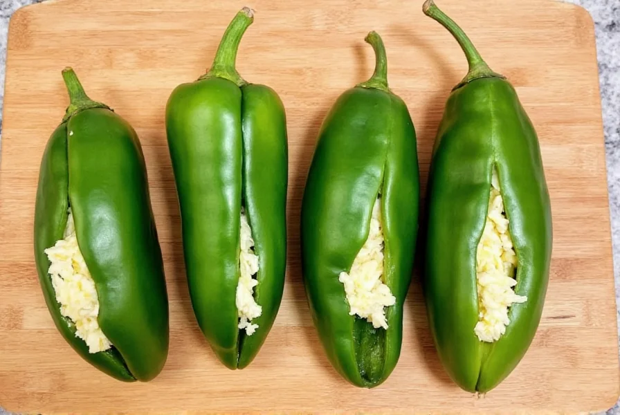 Four fresh poblano peppers arranged on a wooden cutting board with cheese filling ingredients