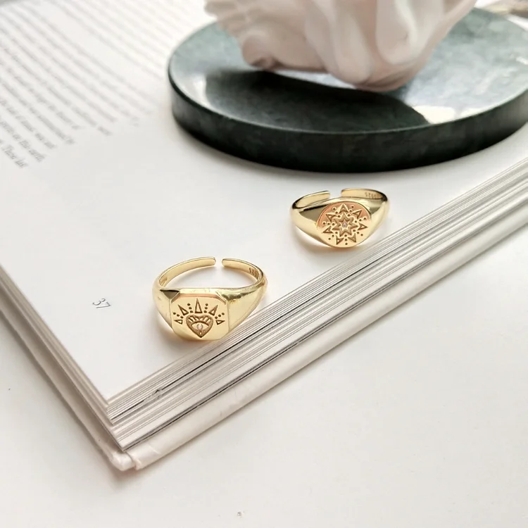 

korean gold coin baroque medallion 925 sterling silver flower heart signet adjustable ring