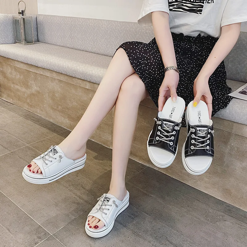 

Flat Female Genuine Leather Slipper 2021 Woman Lace Up Ladies Peep Toe New Fashion Women Casual Denim Beach Shoes, 6 styles