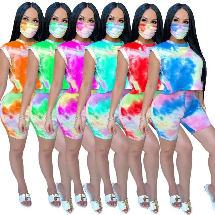 

Summer Women 3 Pieces Set Tracksuits Short Sleeve Round Neck Printed Tie-dye Suit Print Tops & Mask & Shorts pants Suit