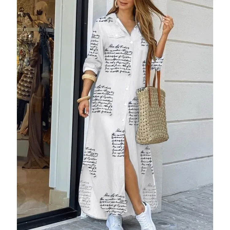 

Fashion Women Long Sleeve Shirt Plus Size Long Dresses Ladies Turn-Down Collar Loose Sundress Party Dresses