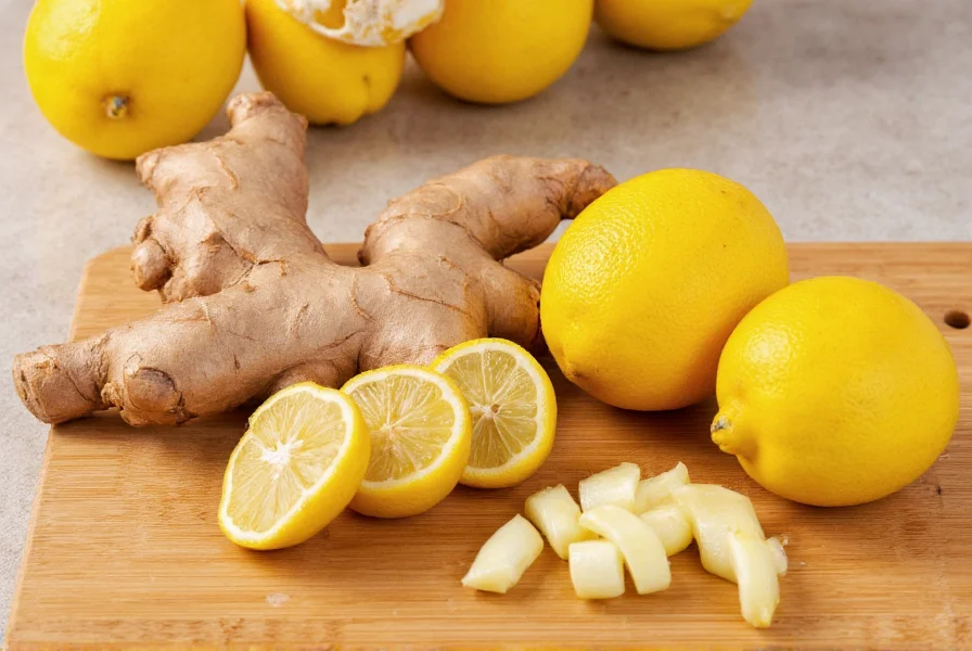 Fresh ginger root and lemons on wooden cutting board with preparation ingredients