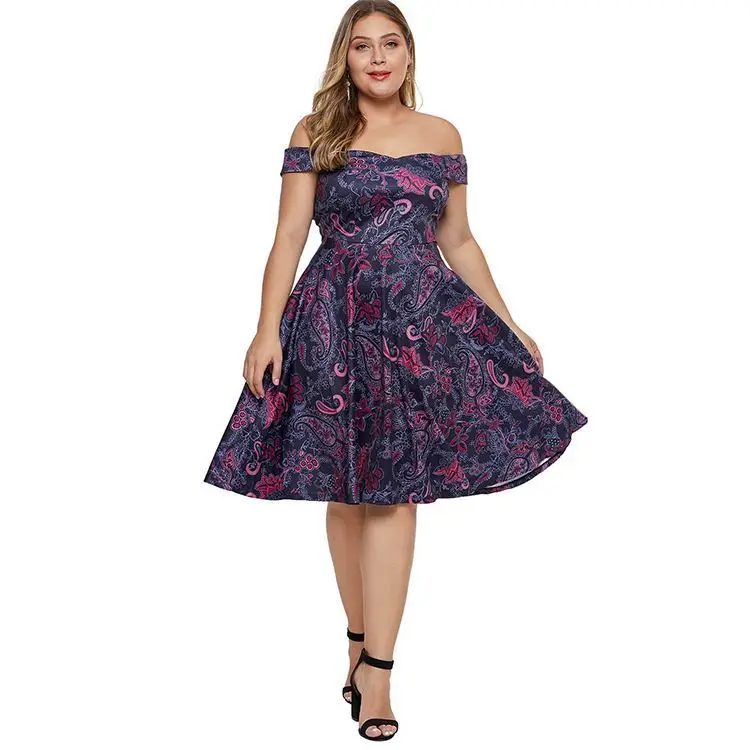

YH Small Order Off Shoulder Short Sleeve Cocktail Skater Dress Plus Size Fat Women Clothing, Shown