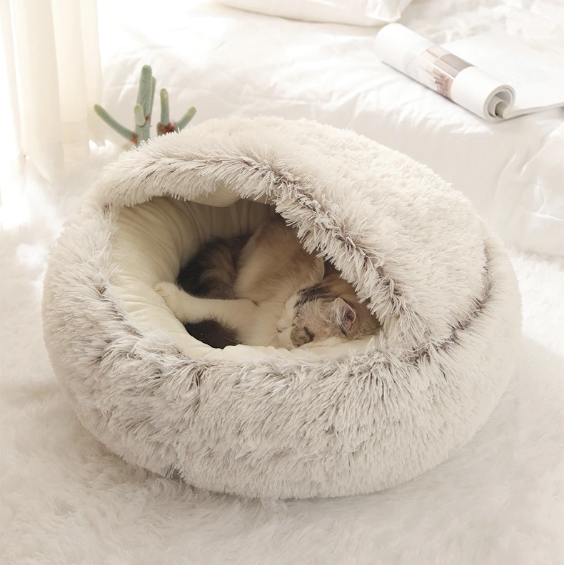 

Machine Washable Self Warming Cat Bed Round Plush Fluffy Hooded Calming Cat Cave for Dogs Cats with Non-collapsed Cover