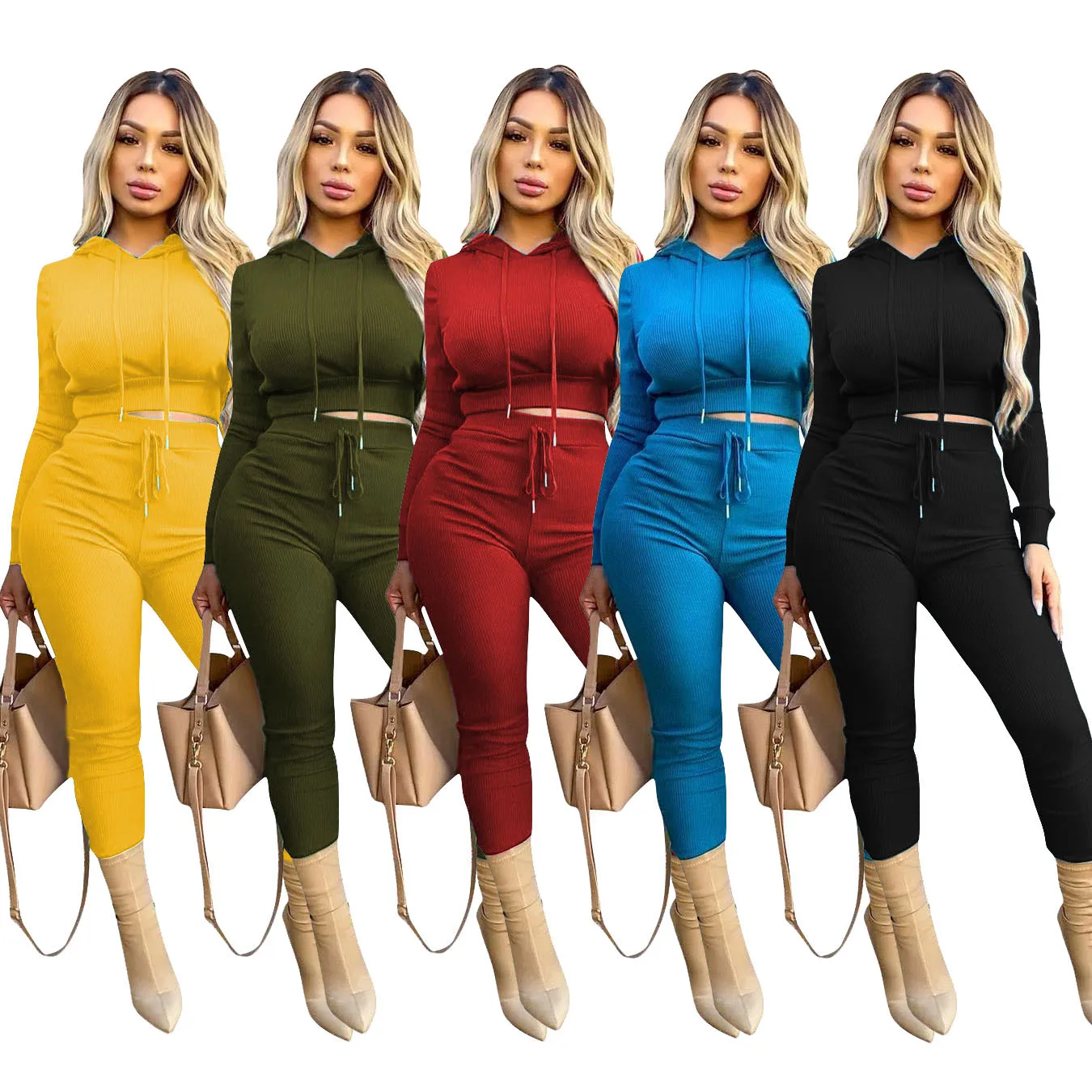 

Sil-u summer RIB knit long sleeve lightweight crop top hoodie and joggers sets women two piece pant set outfits lounge sweatsuit, Black/yellow/green/red/yellow