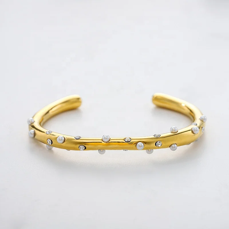 

Top Selling Products 2023 18K Gold Plated Stainless Steel Pave pearlet Zircon Open Cuff Bangle Bracelet