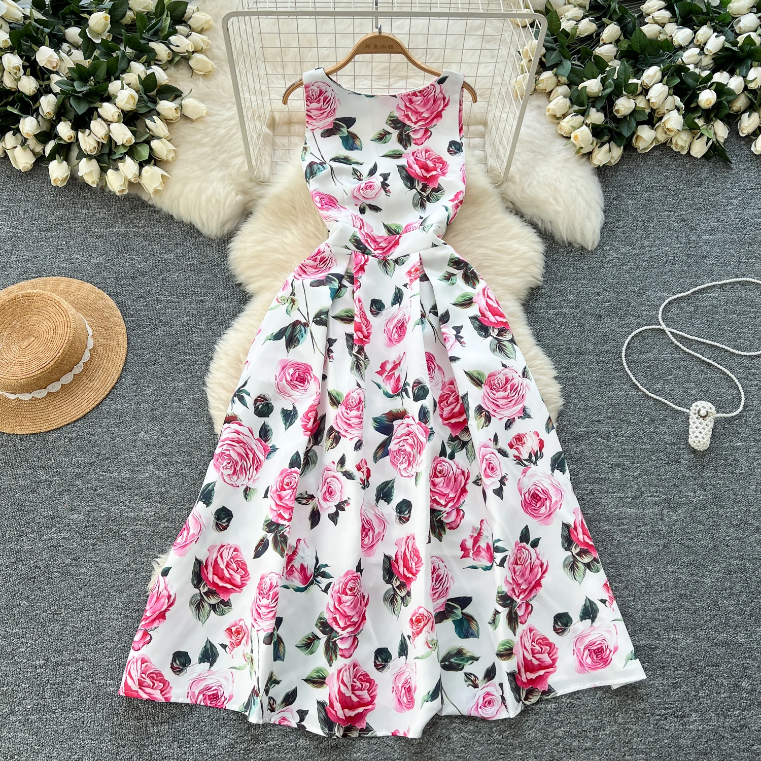 LW0926 Retro Waist Slimming Sleeveless Print Dress