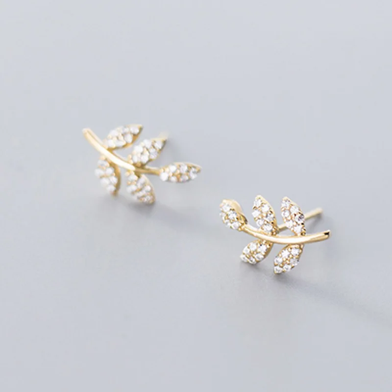 

DIDILADY 925 sterling silver minimalist fashion zircon leaf plant jewelry supply stud earrings for women