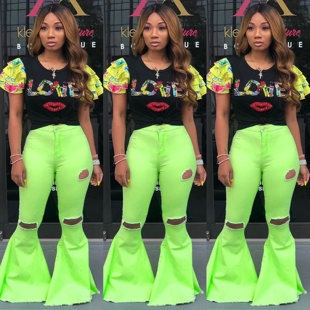 

wholesale hot sales Ladies Plus Size Bell Bottom Jeans High Waist Ripped Jeans Women Washed Flare Jeans 50006