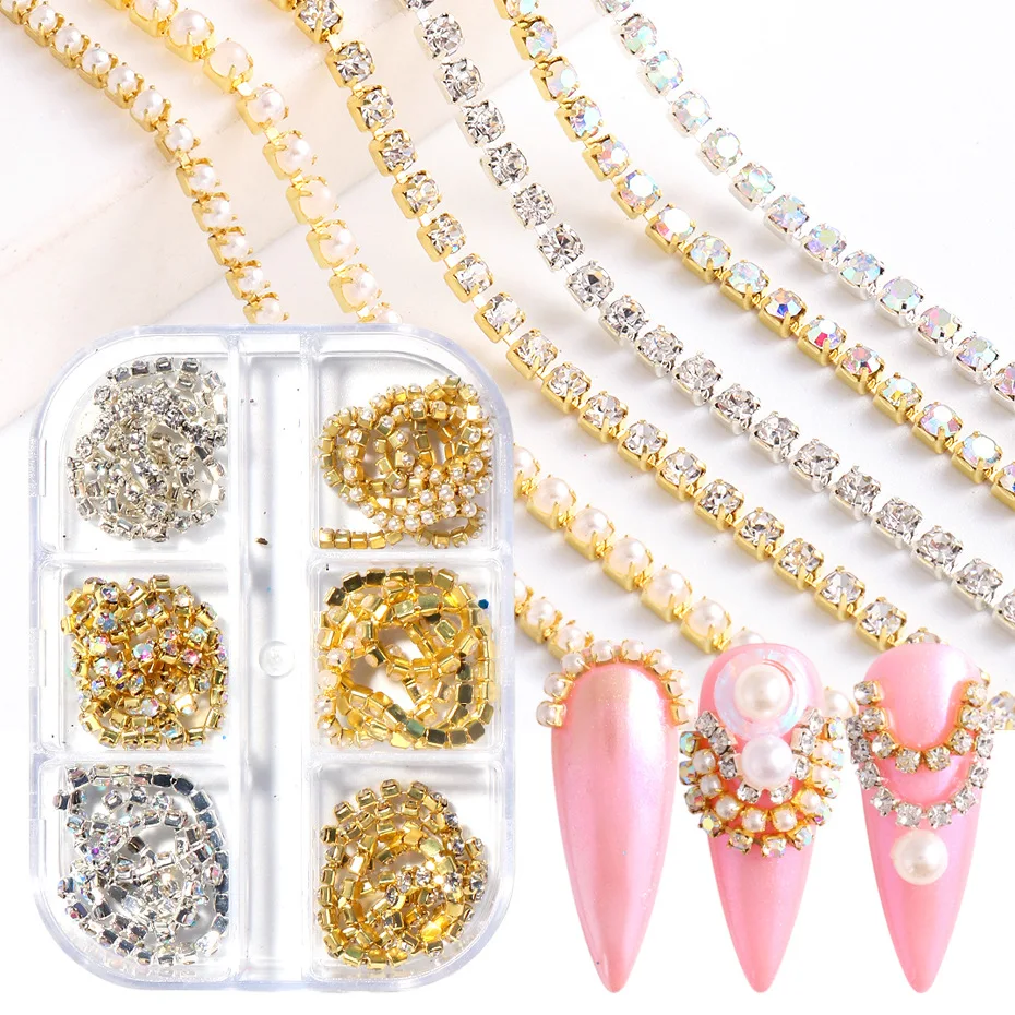 

Manicure Tips DIY Design Punk Pendant 3D Nail Decorations Gold Silver Glitter Rhinestone Pearl Claw Nail Chains For Nail Art