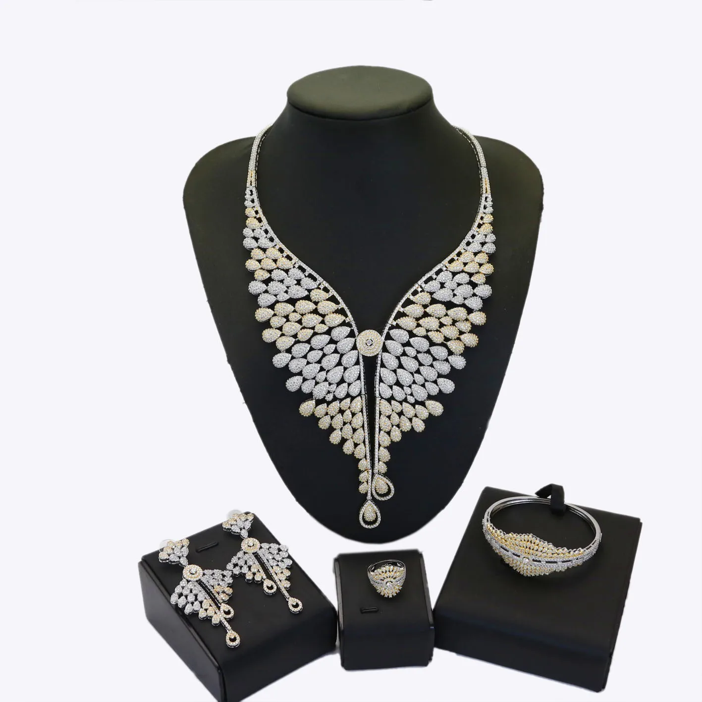 

Yulaili Luxury Statement Cubic Zirconia Big Necklace Drop Earrings Ring Bracelet Bangle For Women Bridal Wedding Jewelry Sets