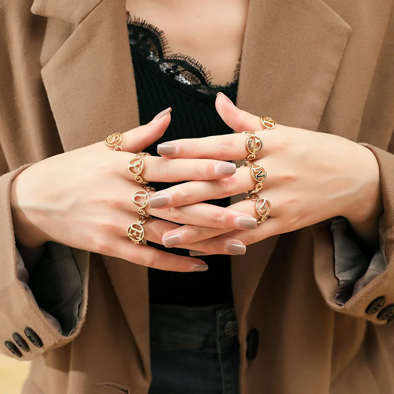

Hip Hop 26 English Letter Custom Personalized Vintage 18K Gold Plated Initial Letter Women Men Ring Jewelry, As pic