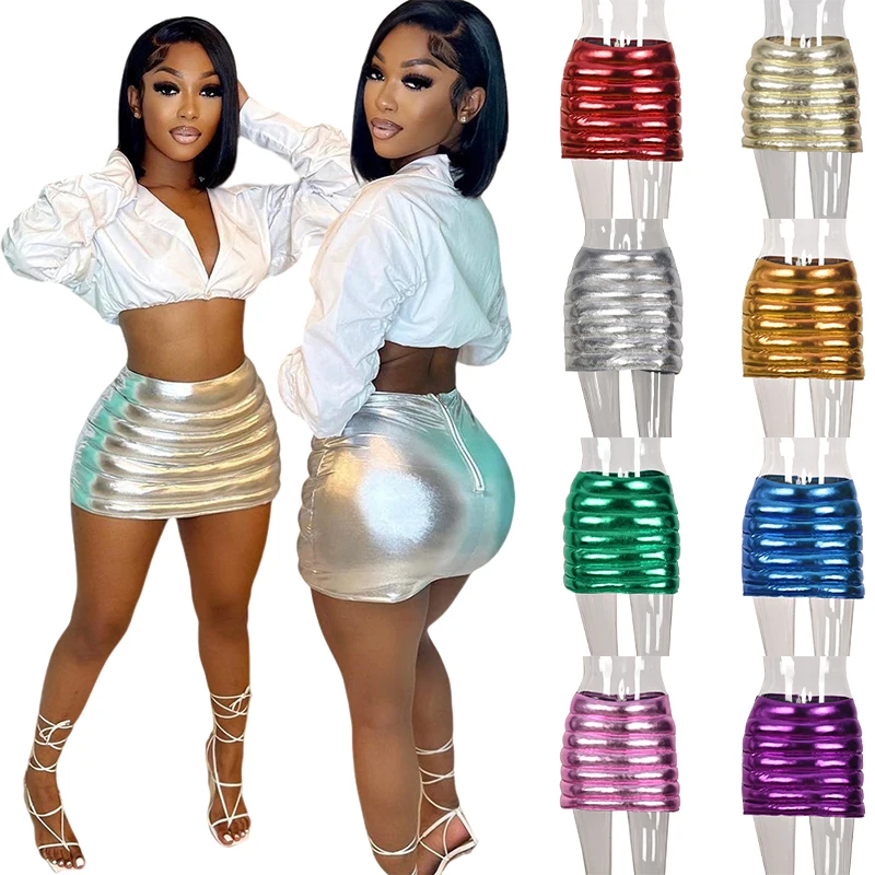 

2022 New Design Silver Metallic Shiny Puffer Skirt High Waist Short Bubble Pleated Skirt Mini Club Dresses Sexy