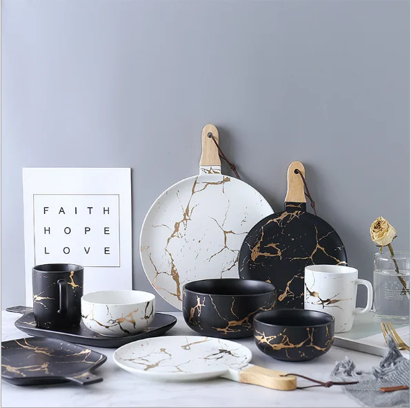 

Marbled Matte Gold Ceramic Plate And Dish Set Rice Bowl Simple Plate And Dish Bowl Coffee Mug Cup For Decoration, As picture shows