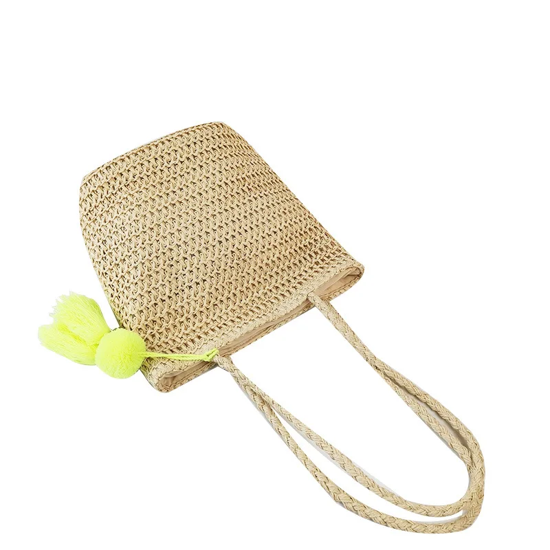 

Hot selling women straw beach bag with tassel simple plain mini bucket handbag, Customizable