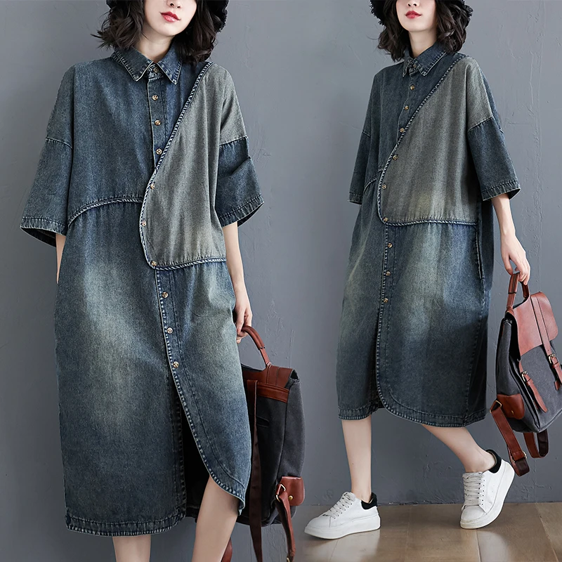 Boutique Wholesale 2026 Spring Retro Art Irregular Spliced Shirt Skirt Mid Length Loose Slim Denim Women's Dress
