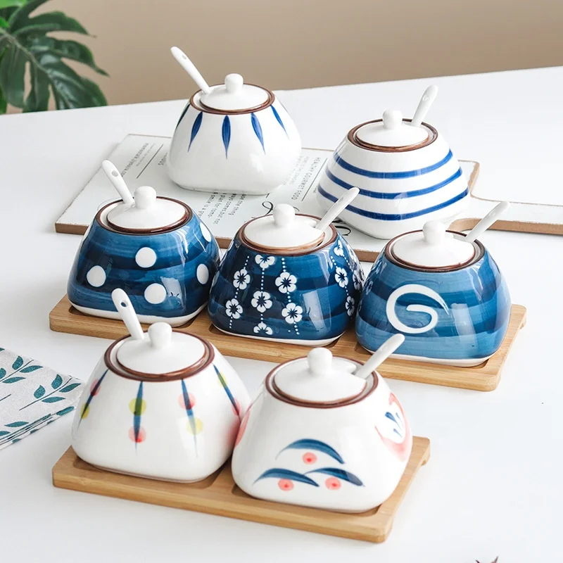 

Japanese Style Ceramic Tableware Seasoning Jar Set Kitchen Household Salt Shaker Seasoning Box, Orange/green/pink/blue/white