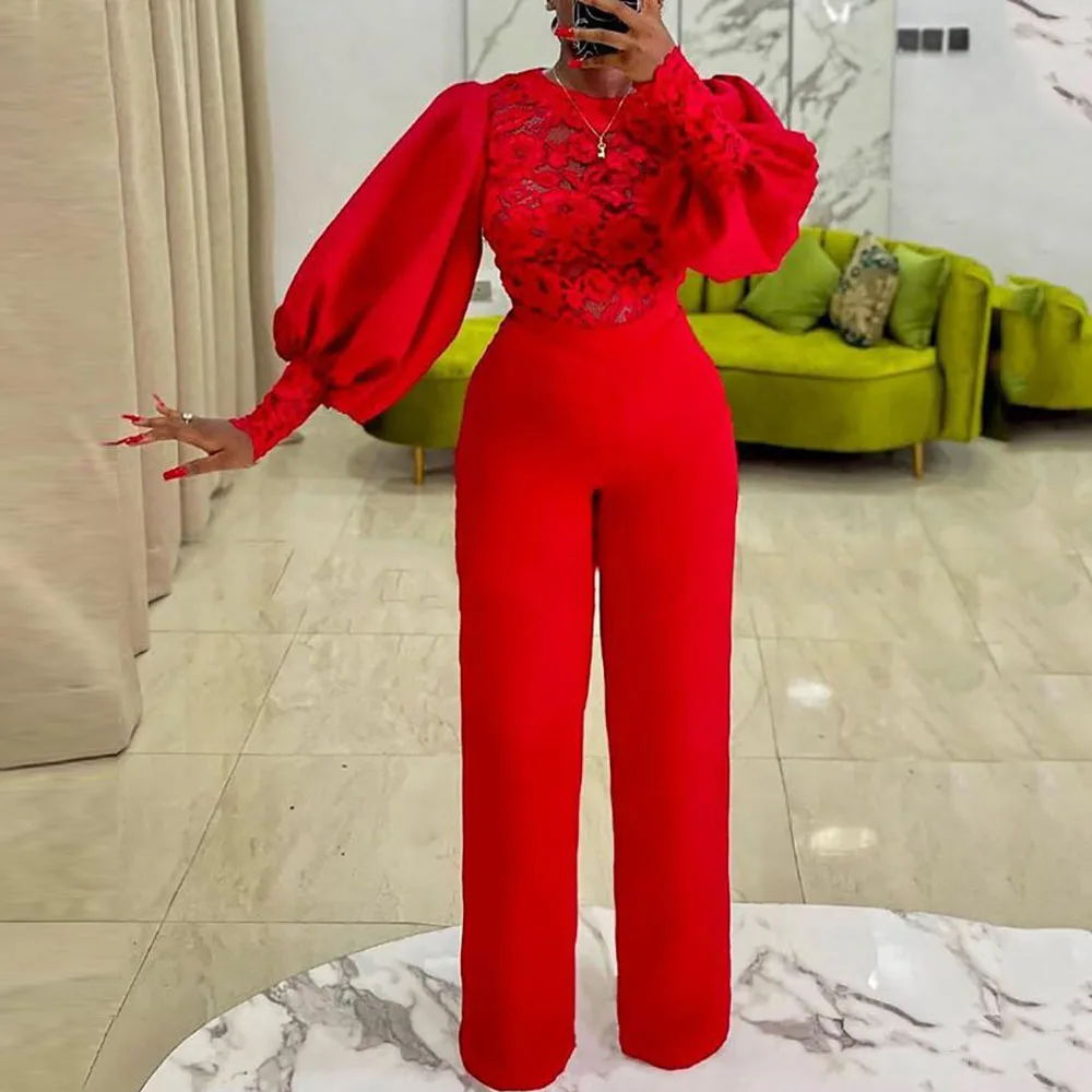

Fall Fashion Puffy Long Sleeve Lace See Through Loose Women Jumpsuits, Red