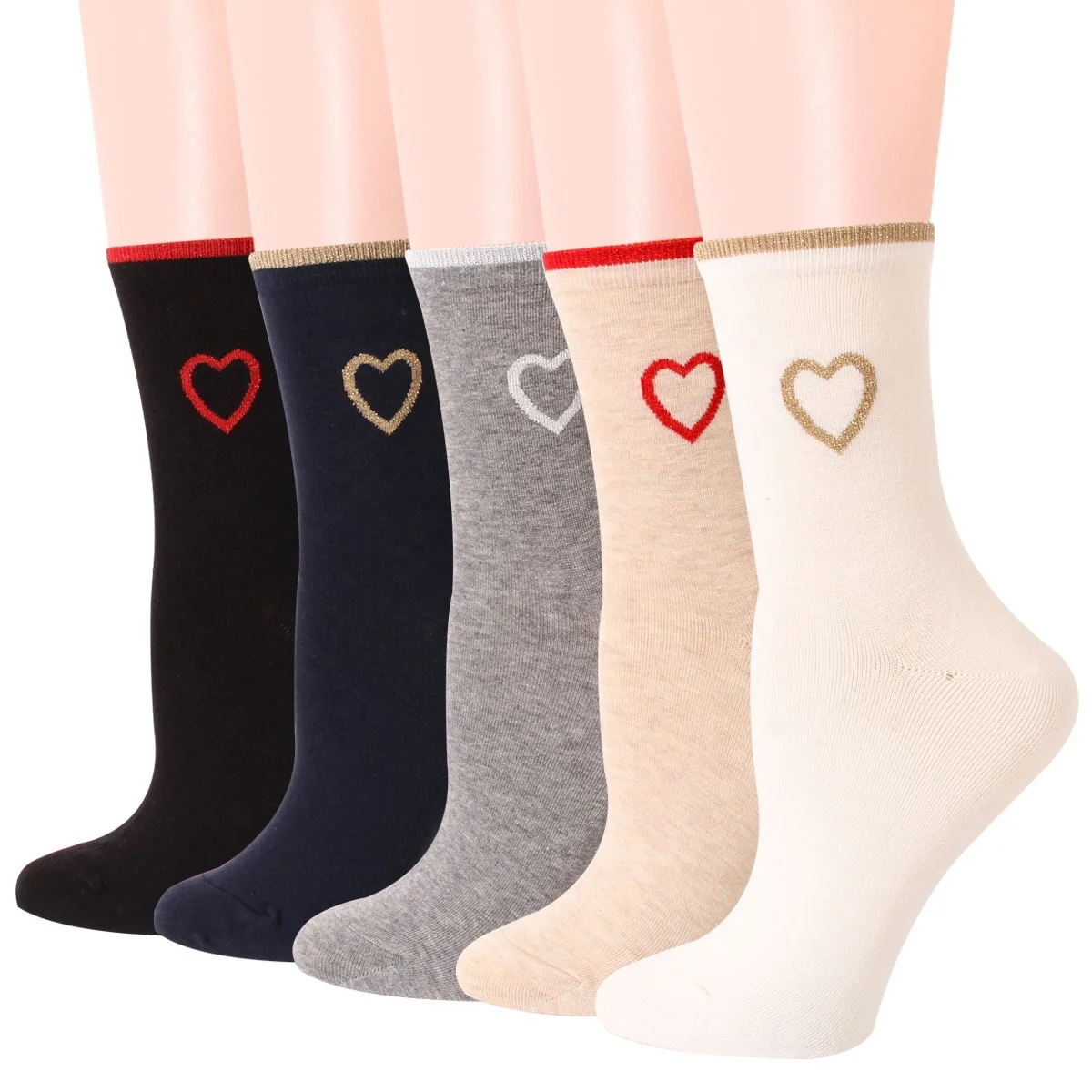 

Valentines Days Cute Love Heart Pattern Women Cotton Crew Quarter Gold Glitter Socks, 5 colors