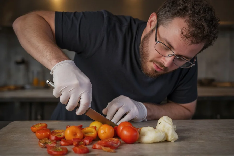 Person wearing gloves and safety glasses while carefully cutting a ghost pepper