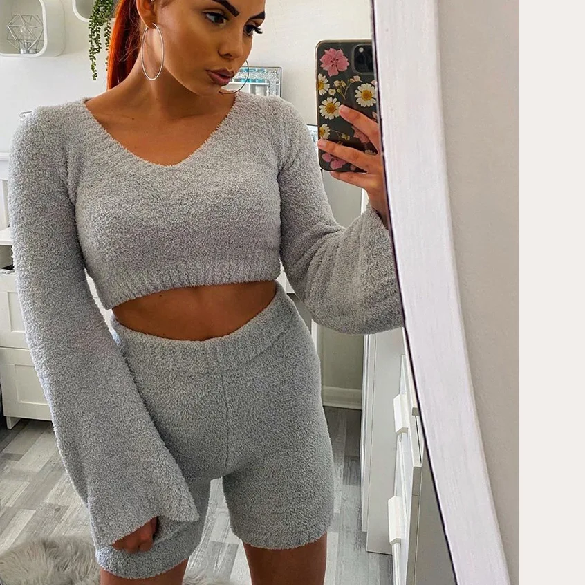 

European and American summer new casual fashion plush V-neck navel trumpet sleeve sweater shorts two-piece suit women, Customized color