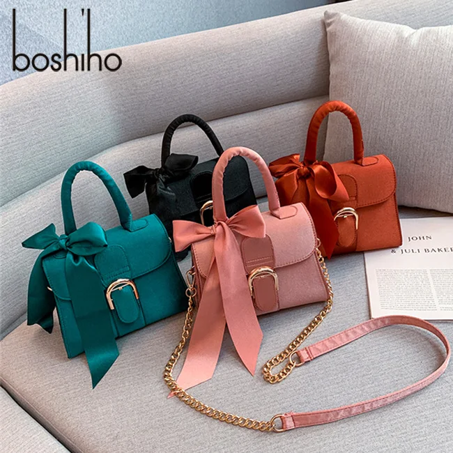 

Bo shiho decoration crossbody bag women ladies trapeze handbag with bow shoulder luxury bags metal chains sling handbags, Green/ grey/ red/ black or customize