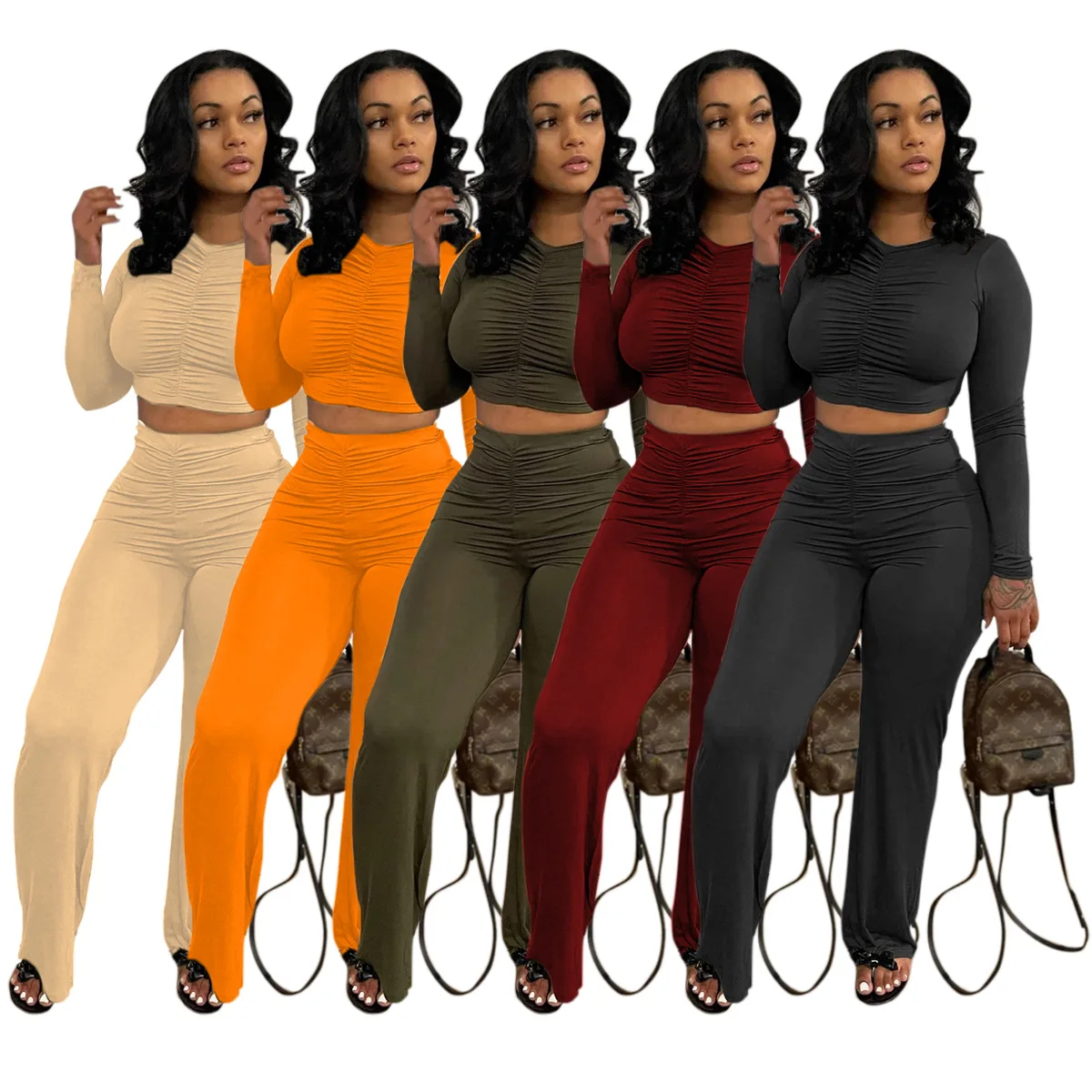

10729-MX84 plain solid color ruffled long sleeve two piece set clothing women pants sehe fashion