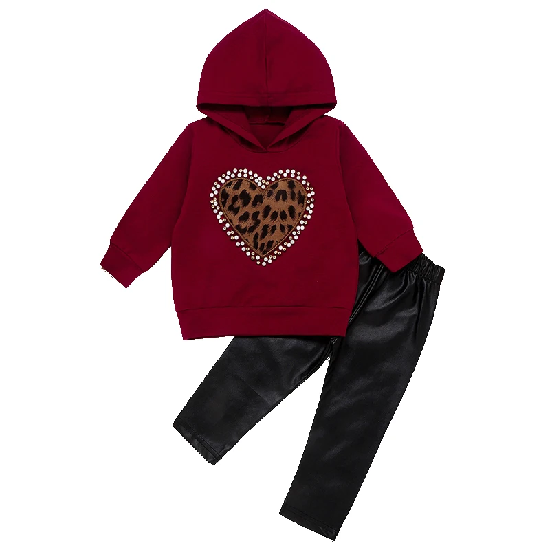 

Maroon pearl leopard heart girls hooded clothing valentine kids boutique outfit sets, As picture show
