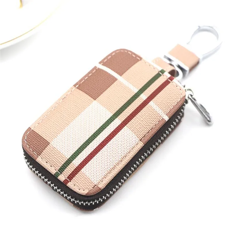 

Wholesale PU Leather Plaid Car Smart Keychain Holder Metal Hook Keyring Zipper Car Key Fobs, As pictures