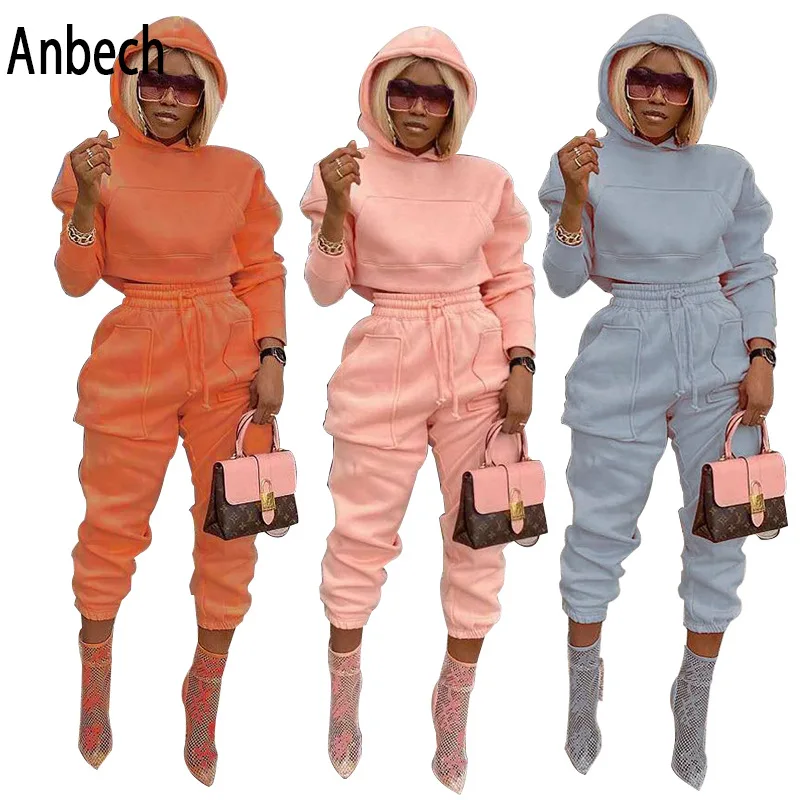 

Fall Autumn Ladies clothing Casual Solid Hoodie Jogger suit Womens Sweat Pocket Crop Sweatsuit 2 piece Pants Sets
