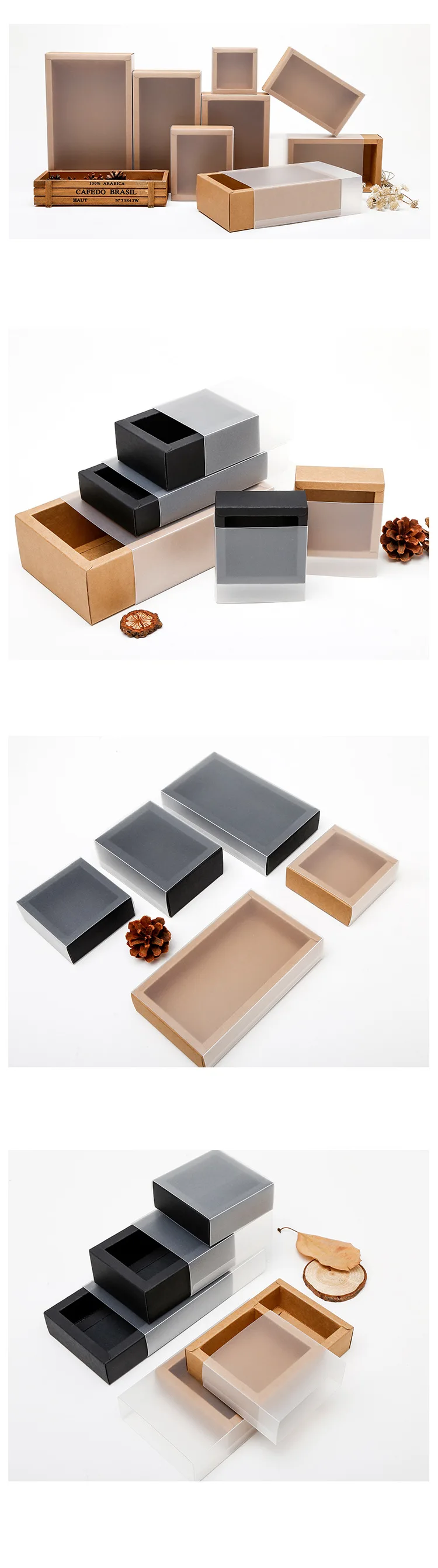 10 pièces boîte d'emballage en Papier Kraft avec fenêtre en PVC Transparent Noir tiroir délicat Affichage boîte-Cadeau Mariage Biscuit Bonbons boîtes à gâteaux