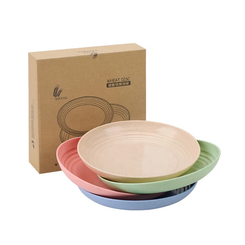 

Multifunctional Home Snack Plate Plastic Candy Dish Serving 25cm 10inch pigmented Wheat straw plastic round charger plates, Beige/green/blue/pink