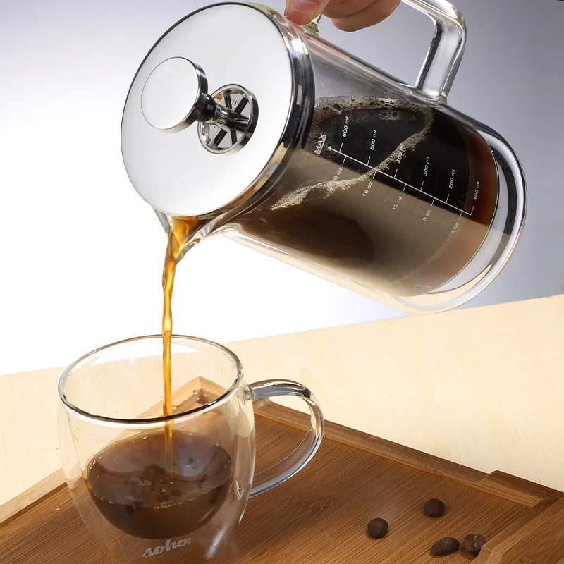 

1000ML Custom Coffee Maker Stainless Steel Plunger Double Wall High Borosilicate Glass Portable Coffee French Press, Transparent