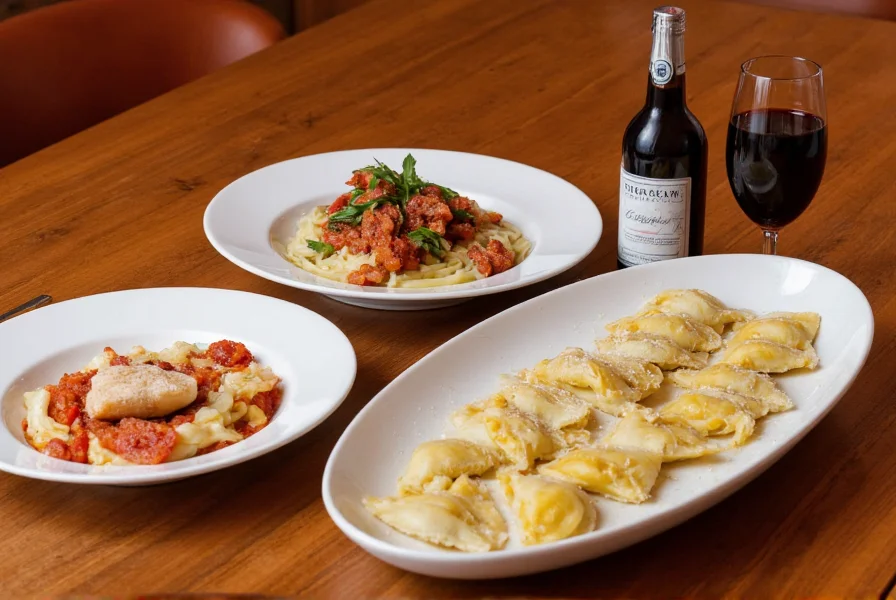 Traditional parma dishes including tortelli d'erbetta and culatello di zibello on wooden table