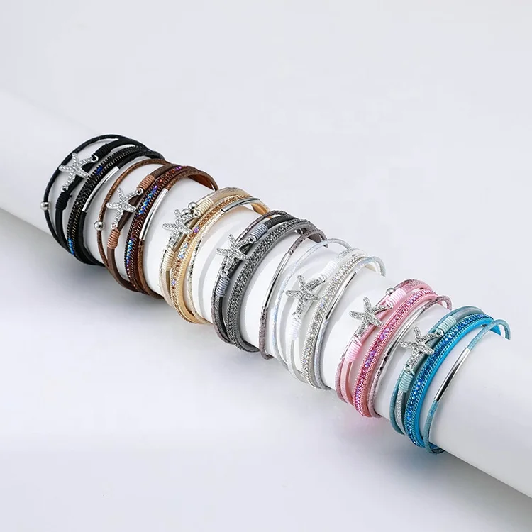 

Hot Selling Fashion Personality Women Jewelry Magnetic Buckle Starfish Charm Rhinestone Multilayer Leather Bracelet Jewelry, Customized