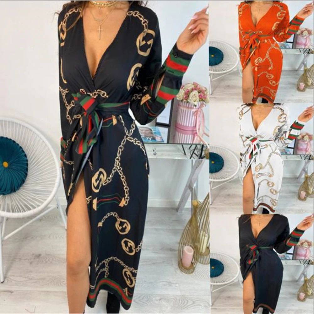 

Summer sexy long sleeve women's dress waist fork v-neck dress wholesale