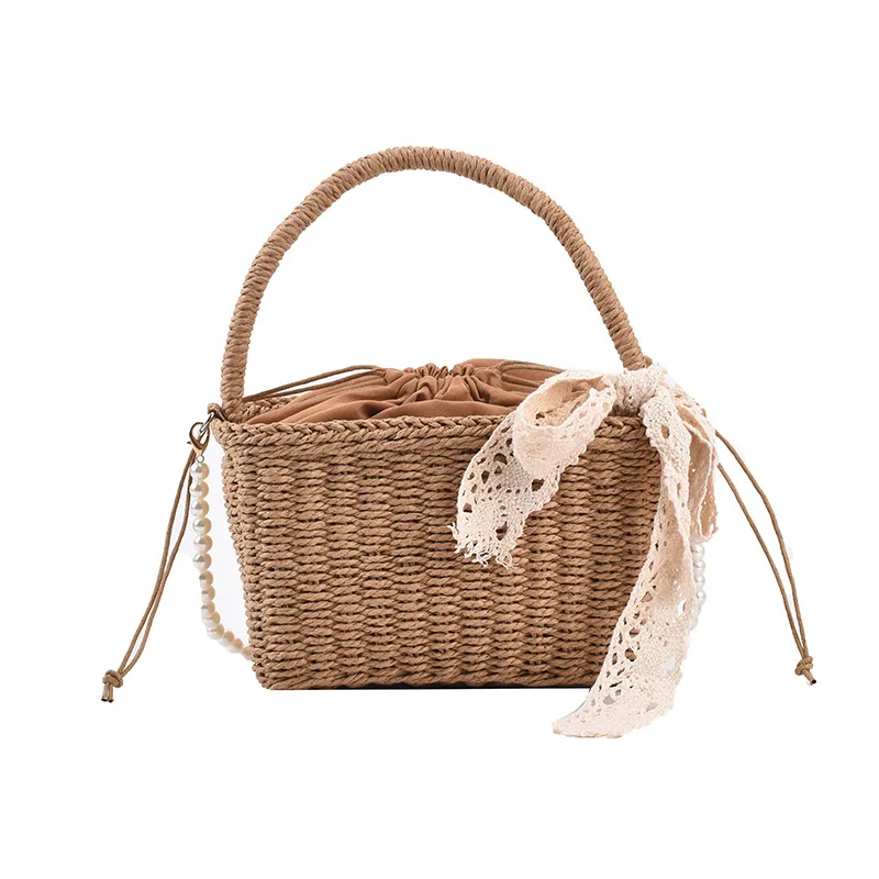 

2021 fashion new design handbag straw drawstring bucket crossbody beach bags, Natural