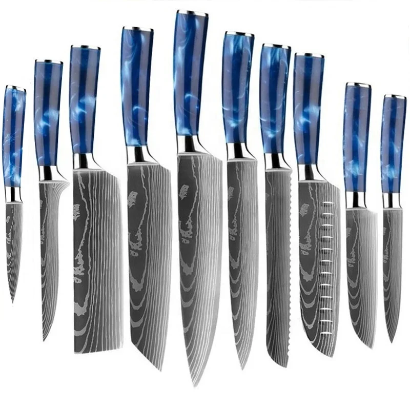 

kitchen knives set Japanese stainless steel chef slicing boning santoku utility tool laser pattern 10pcs Damascus knife set