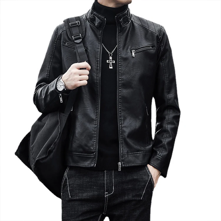 

Best Selling Stand Collar Fashion Slim Fitted Motorcycle Casual Pu Leather Jacket For Men