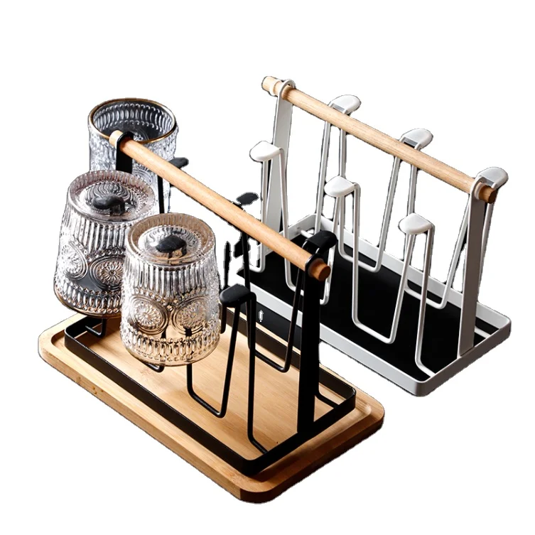 

Cup Drying Rack Stand, Non-slip Iron Art Hook Mugs Cups Wine Glasses Organizer with Wood Handle storage rack holders, Black and white
