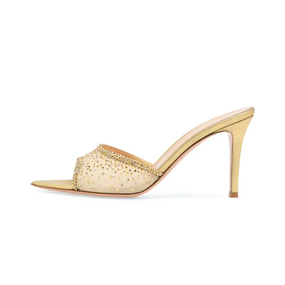 Gold Green Red White Pointed Open Toe Embellished Mesh Sandals With Rhinestones for Women Crystal Heels Spark Style Shoes