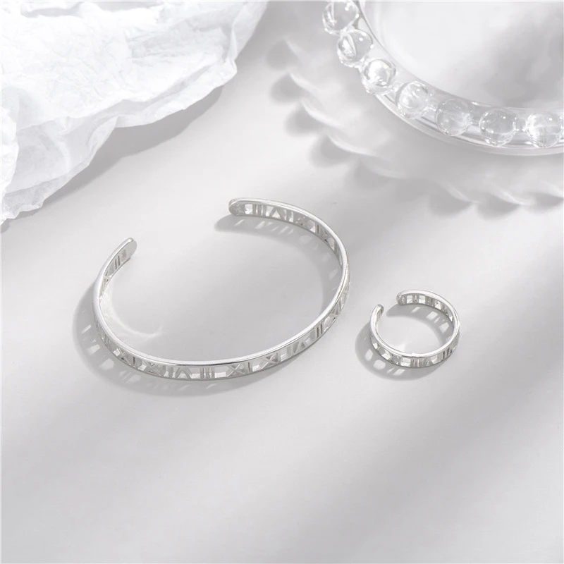 

Fashion Women Jewelry Classic Roman Numbers 925 Sterling Silver Bangle Bracelets Ring Jewelry Sets