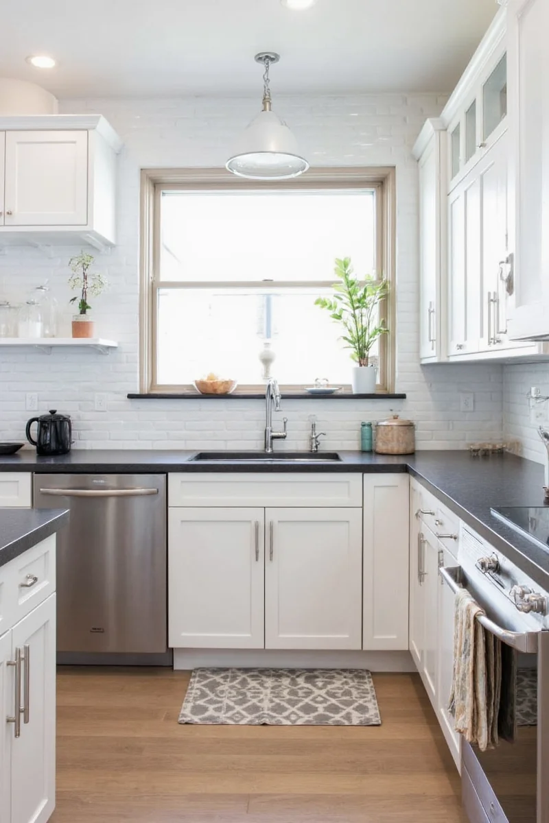 White kitchen cabinets with dark countertops