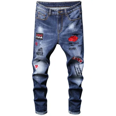 

Flowers Embroidery Patches Casual Street Wear Denim Trousers Men Jeans Wholesale, Blue, black