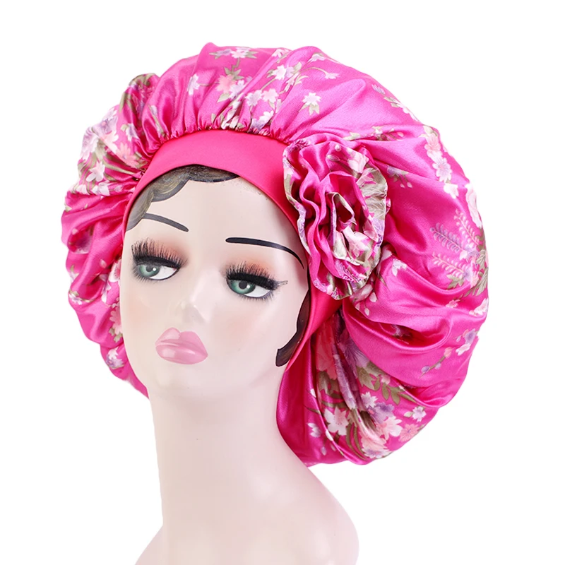 

Fashion Daily Wear Popular Bonnets with Flower Accessories Satin Hair Wraps Printing Bonnet with Flower Decoration