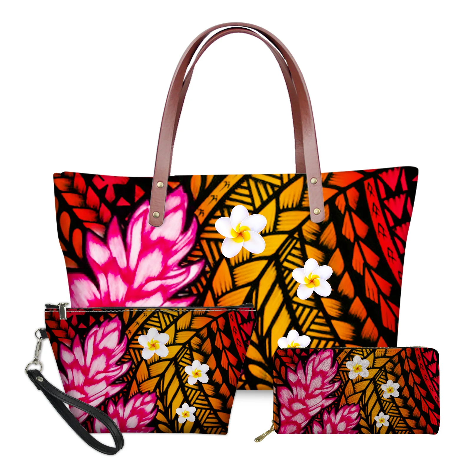 

Latest Hawaiian Flowers Printed Women Tote 3 PCS Bags Set Purse and Handbags Polynesian Tribal Print Ladies Crossbody Hand Bags