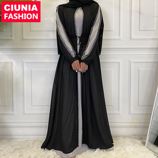 

6429# 4 Colors Closed Abaya Muslim Dress Islamic Pearls Evening Party Modest Women Dresses Clothing New 2021, Green / gray / brown / maroon