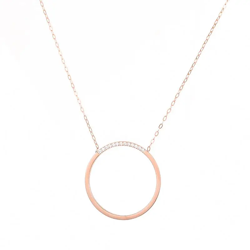 

High Quality Simple Design Ladies Rose Gold Plated Stainless Steel Zircons Round Pendant Necklace, Rose gold color
