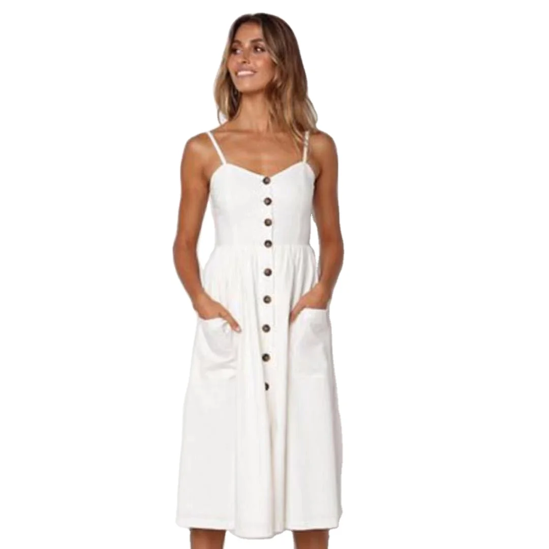 

2021 summer halter belt button pocket fashion outdoor casual dress